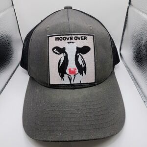Top Level Moove Over Cow Graphic Trucker Hat Gray Black Mesh Snapback Cap